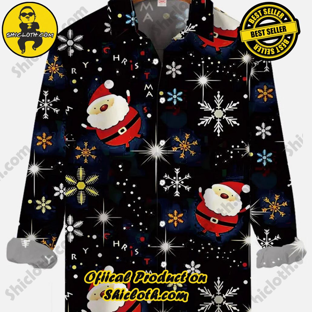 Black Cartoon Cute Round Santa Claus And Shining Star Snowflakes Printing Long Sleeve Shirt