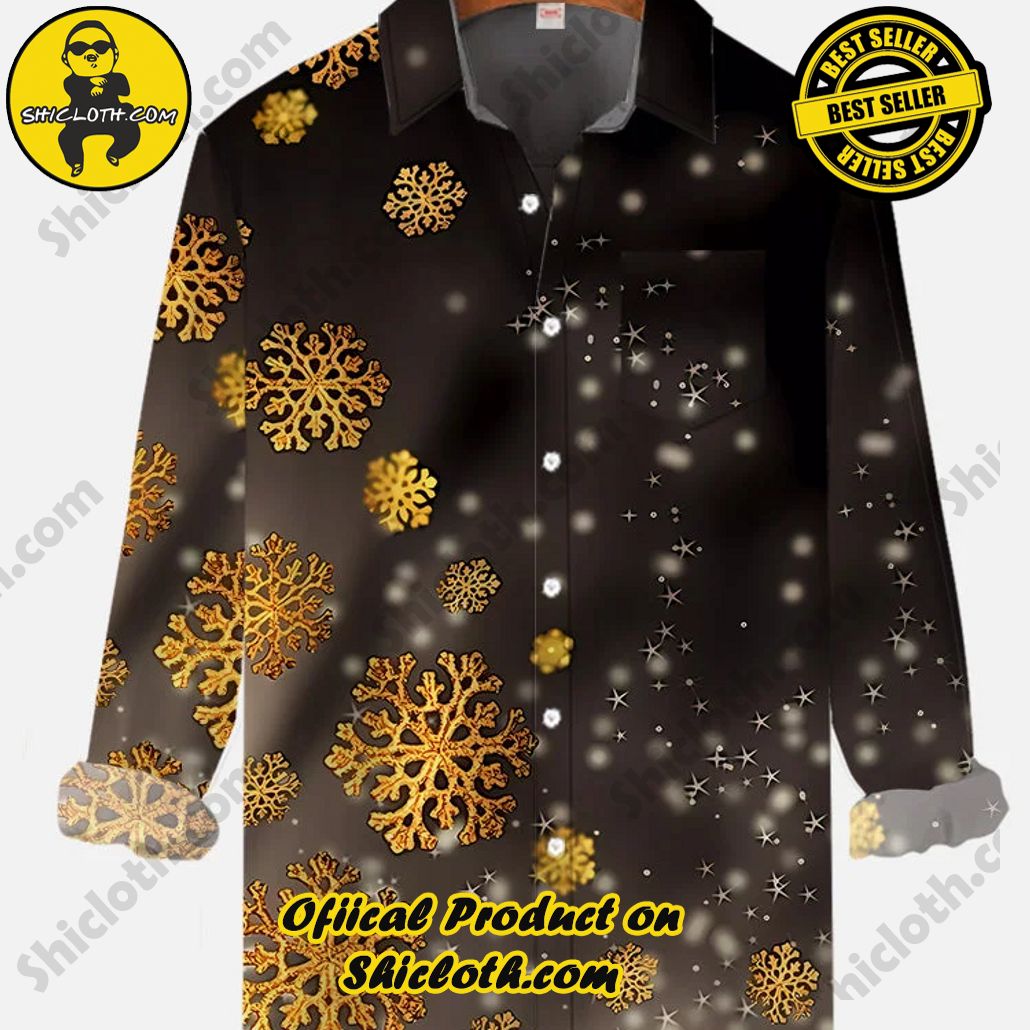 Black Gold Luxury Christmas Snowflakes And Sparkling Stars Printing Breast Pocket Long Sleeve Shirt