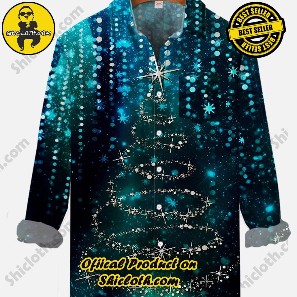 Blue Sparkling Stars And Magic Christmas Tree Printing Breast Pocket Long Sleeve Shirt