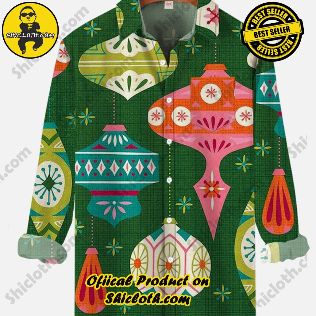 Cartoon Festive Retro Colorful Metal Light Balls Printing Breast Pocket Long Sleeve Shirt