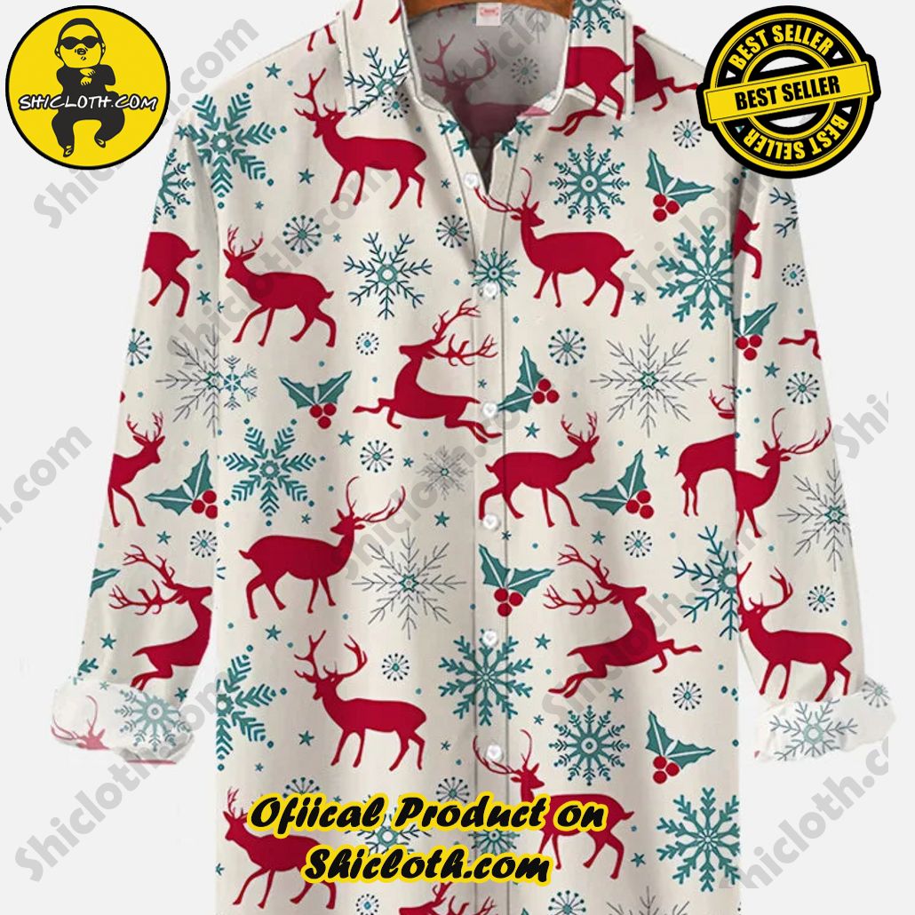 Cartoon Vintage Christmas With Reindeer Snowflakes Printing Long Sleeve Shirt
