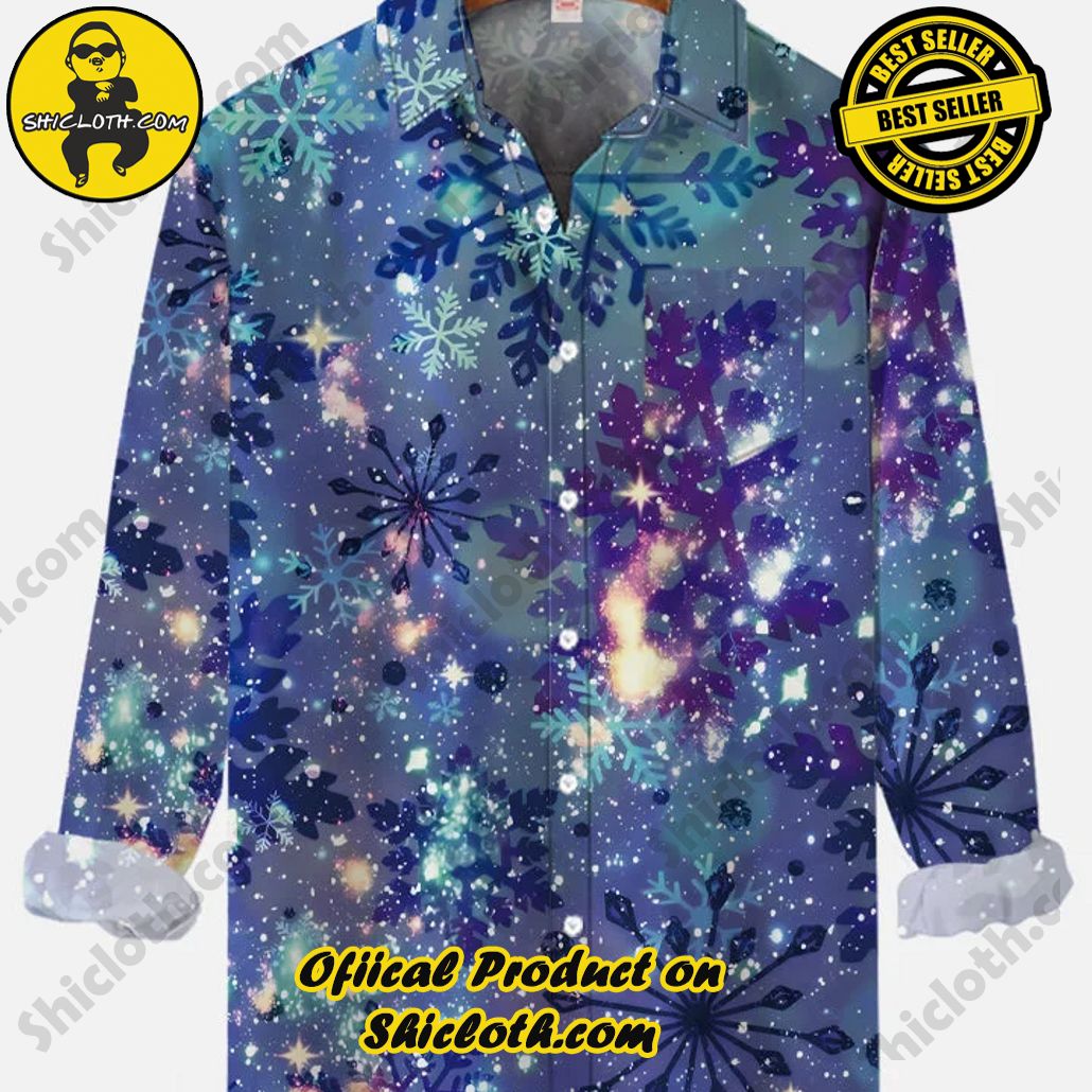 Christmas Blue Purple Sky White Sparkles Starry Space Elegant Snowflakes Printing Breast Pocket Long Sleeve Shirt