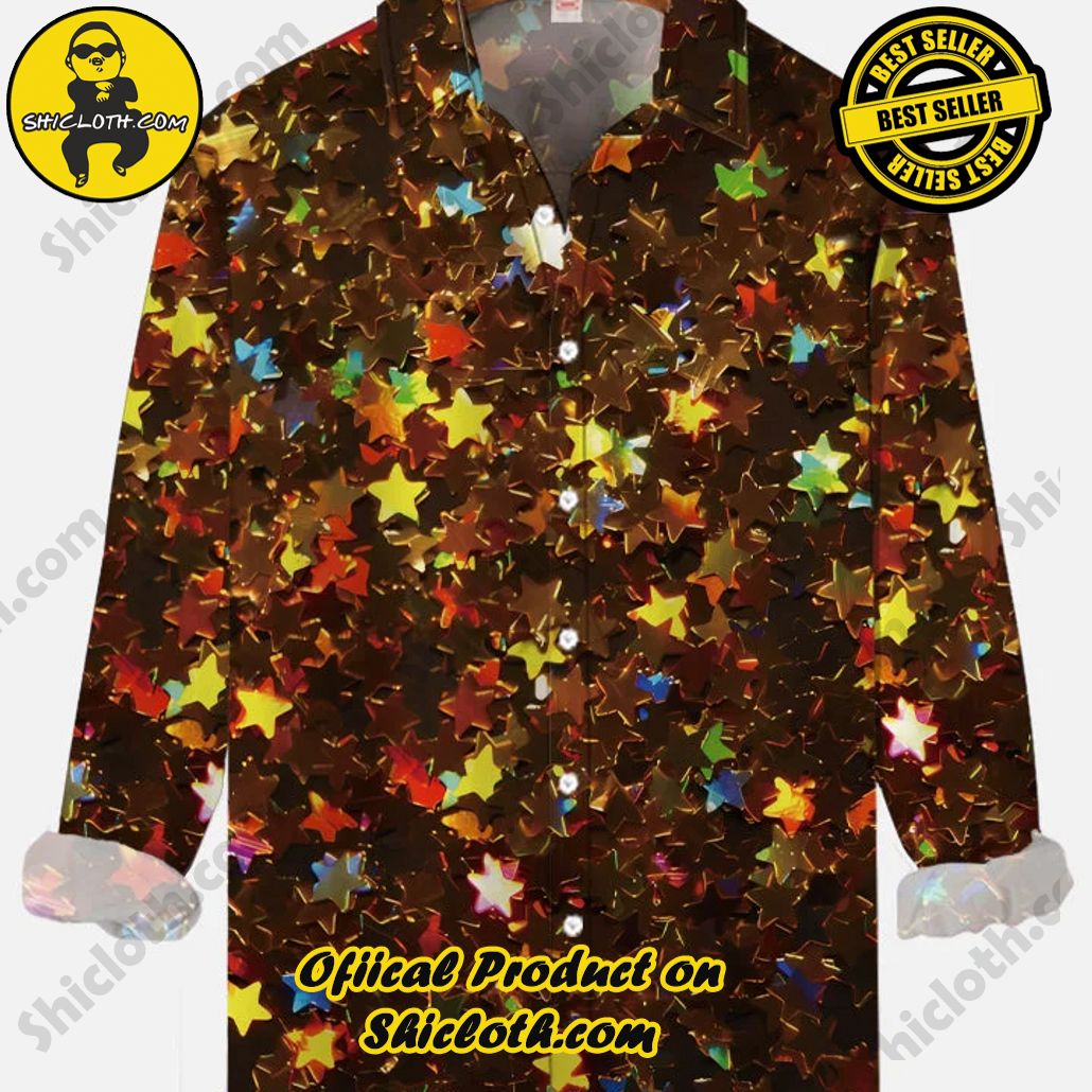 Christmas Colorful Glitter Stars Pile Printing Long Sleeve Shirt