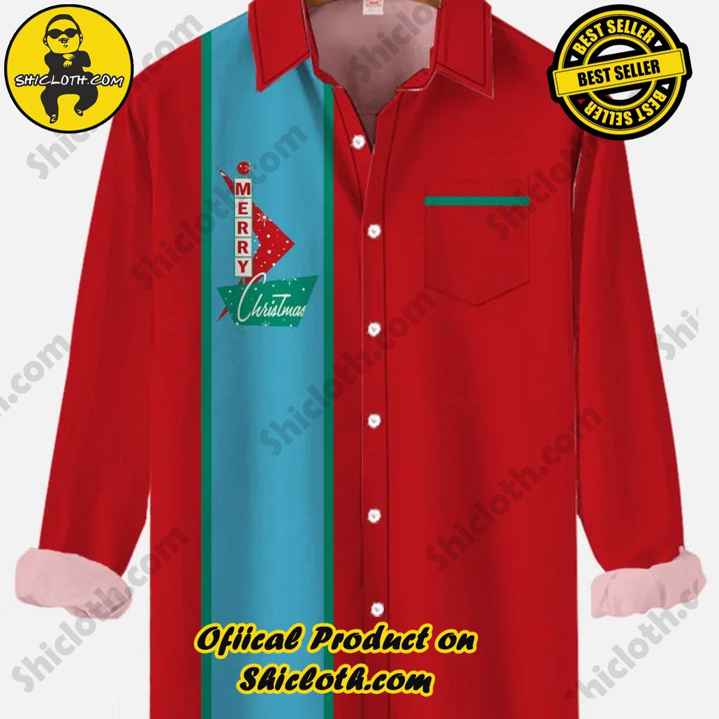 Christmas Elements Merry Christmas Retro Red And Blue Striped Printing Breast Pocket Long Sleeve Shirt