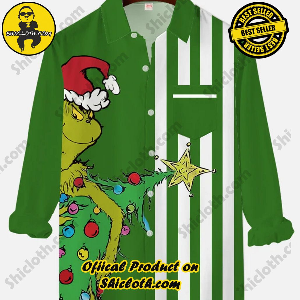 Christmas Elements Retro Green And White Stitching Green Monster Printing Men's Long Sleeve Shirt