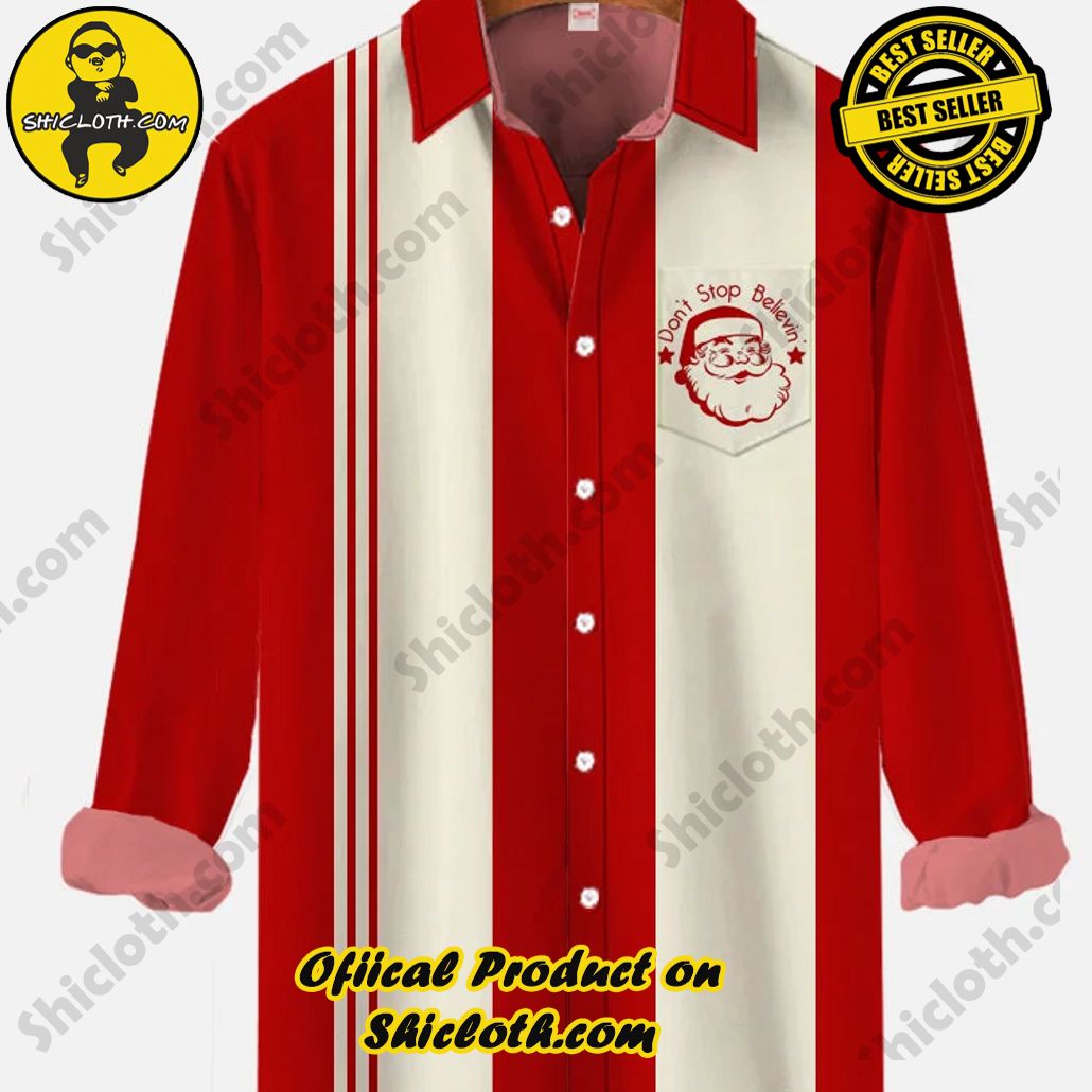 Christmas Elements Retro Red And Wheat Striped Christmas Santa Claus Printing Breast Pocket Long Sleeve Shirt