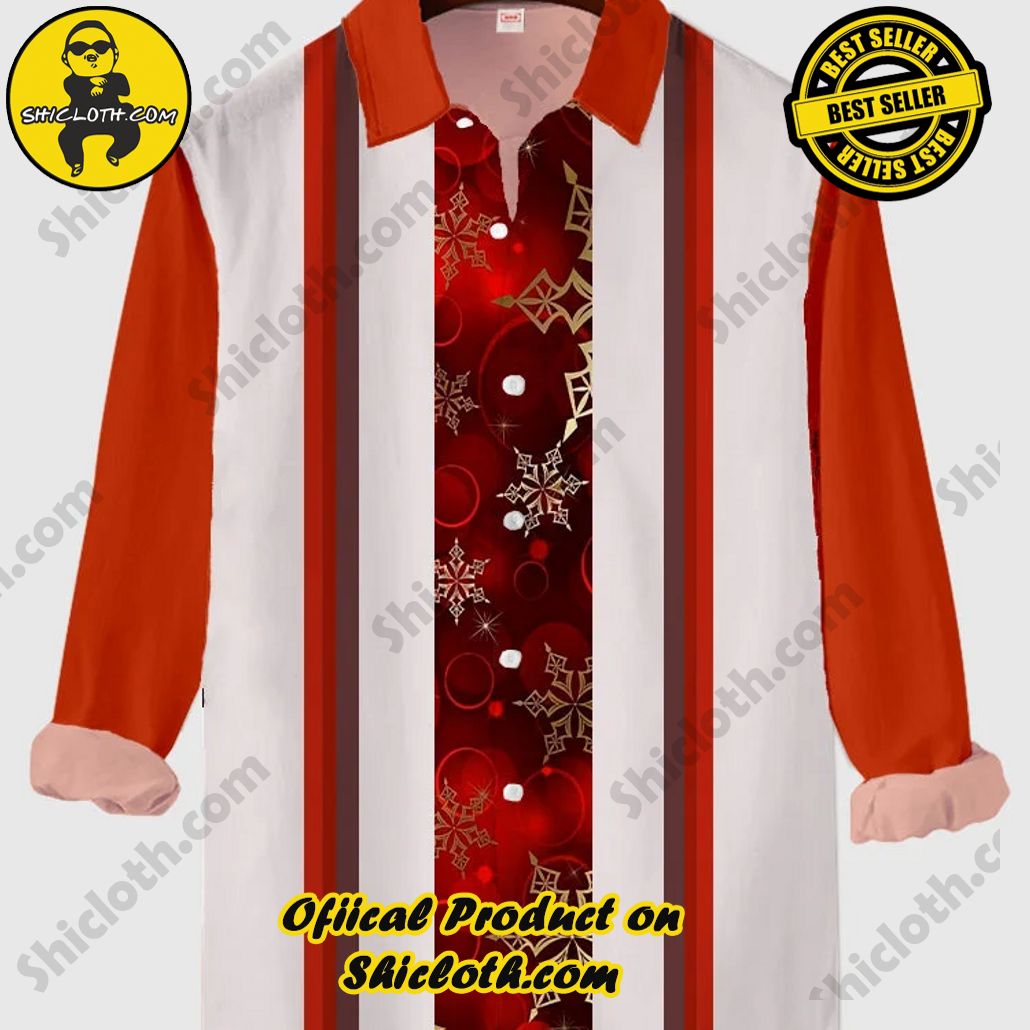 Christmas Elements Retro Style Red And White Stripes Snowflake Printing Men's Long Sleeve Shirt