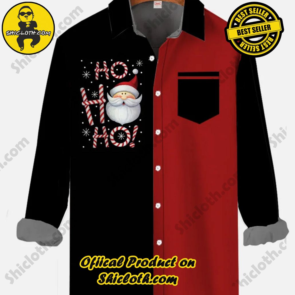 Christmas Elements Retro Trendy Red And Black Matching HO HO HO Santa Printing Breast Pocket Long Sleeve Shirt