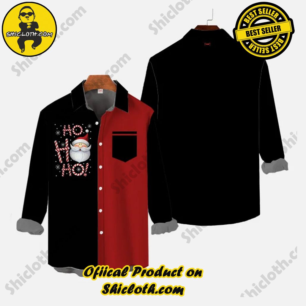 Christmas Elements Retro Trendy Red And Black Matching HO HO HO Santa Printing Breast Pocket Long Sleeve Shirt 3 Christmas Elements Retro Trendy Red And Black Matching HO HO HO Santa Printing Breast Pocket Long Sleeve Shirt - Image 3