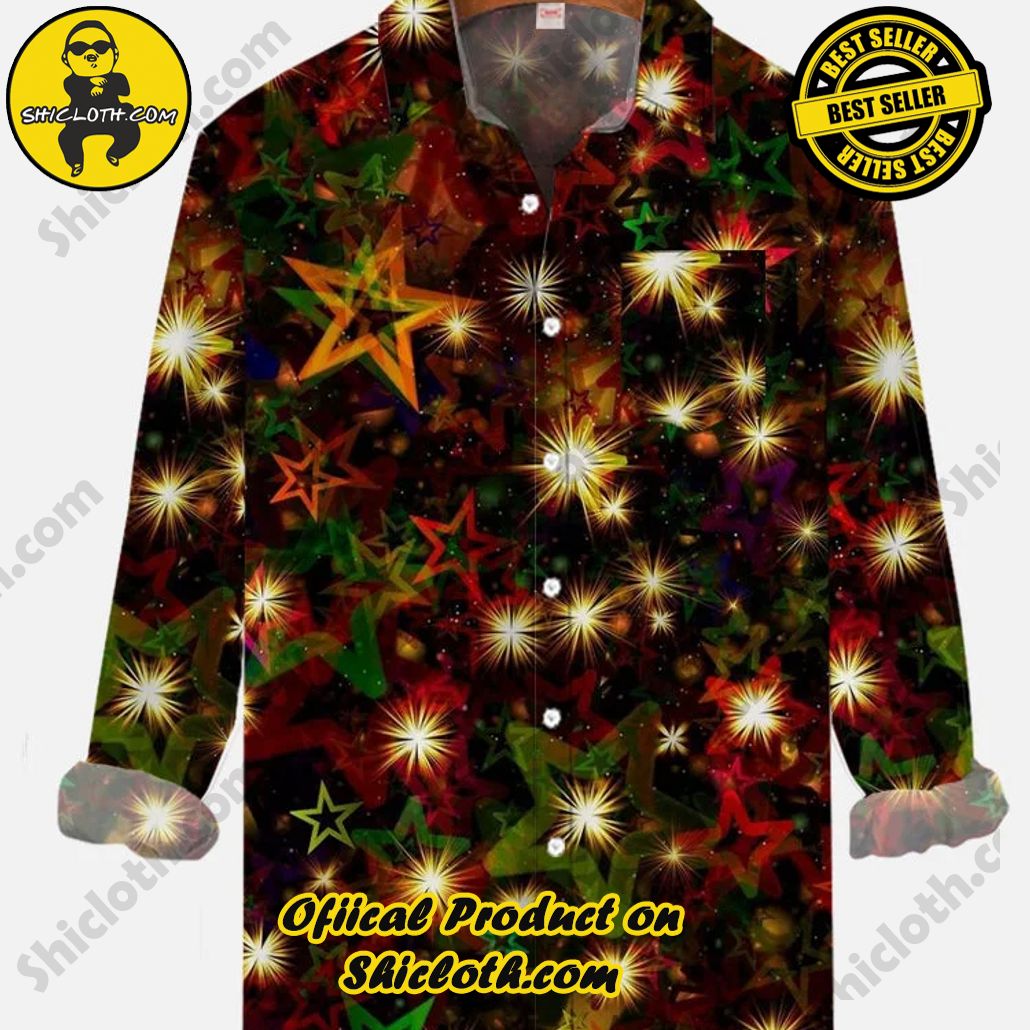 Christmas Sparkles Stars And Festive Lights Printing Breast Pocket Long Sleeve Shirt