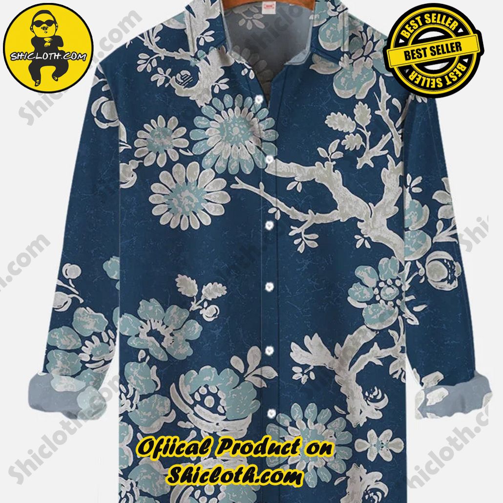 Dark Blue Retro Ethnic Floral Printing Long Sleeve Shirt
