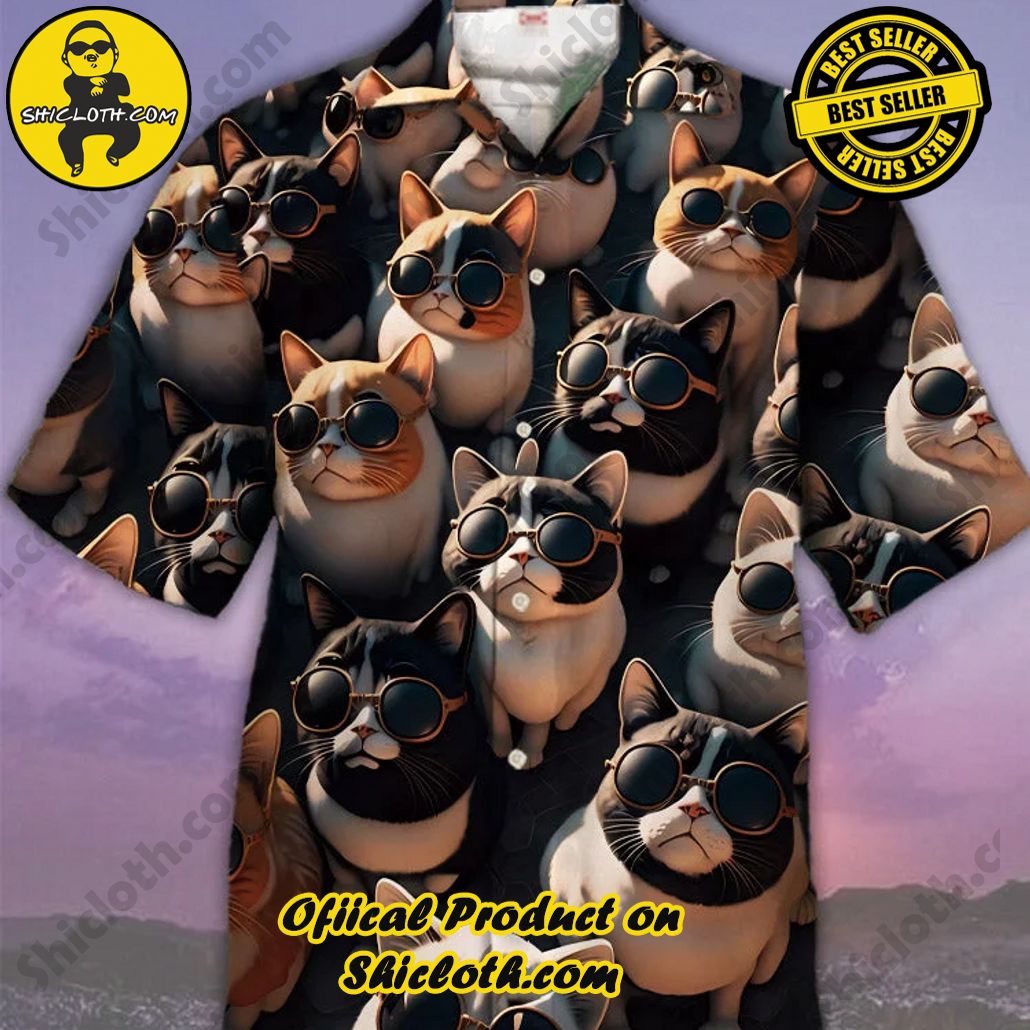Eye-Catching Cool Cat Gang Sunglasses Cats In The Sun Printing Cuban Collar Hawaiian Short Sleeve Shirt