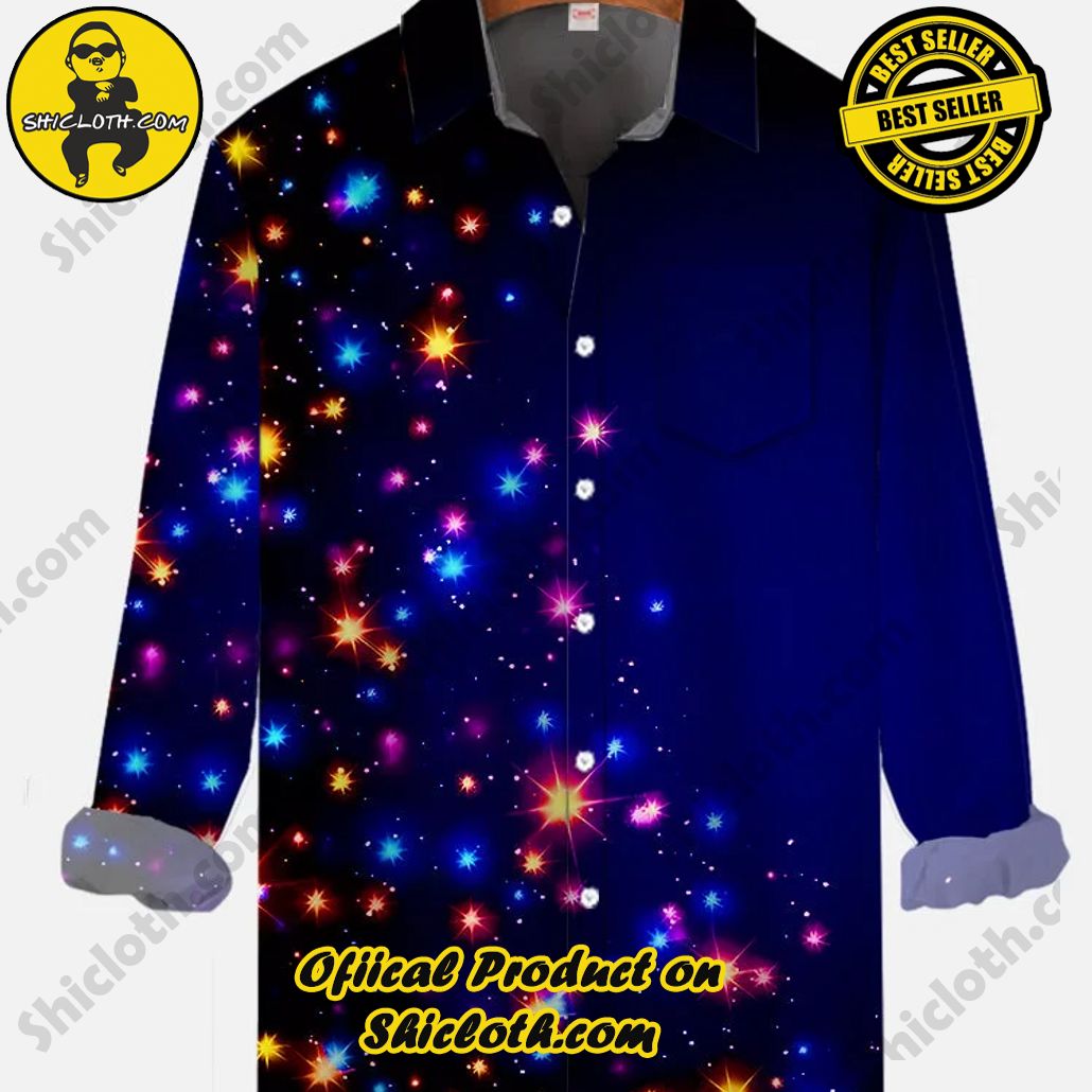 Fantasy Blue Neon Universe Starry Printing Breast Pocket Long Sleeve Shirt