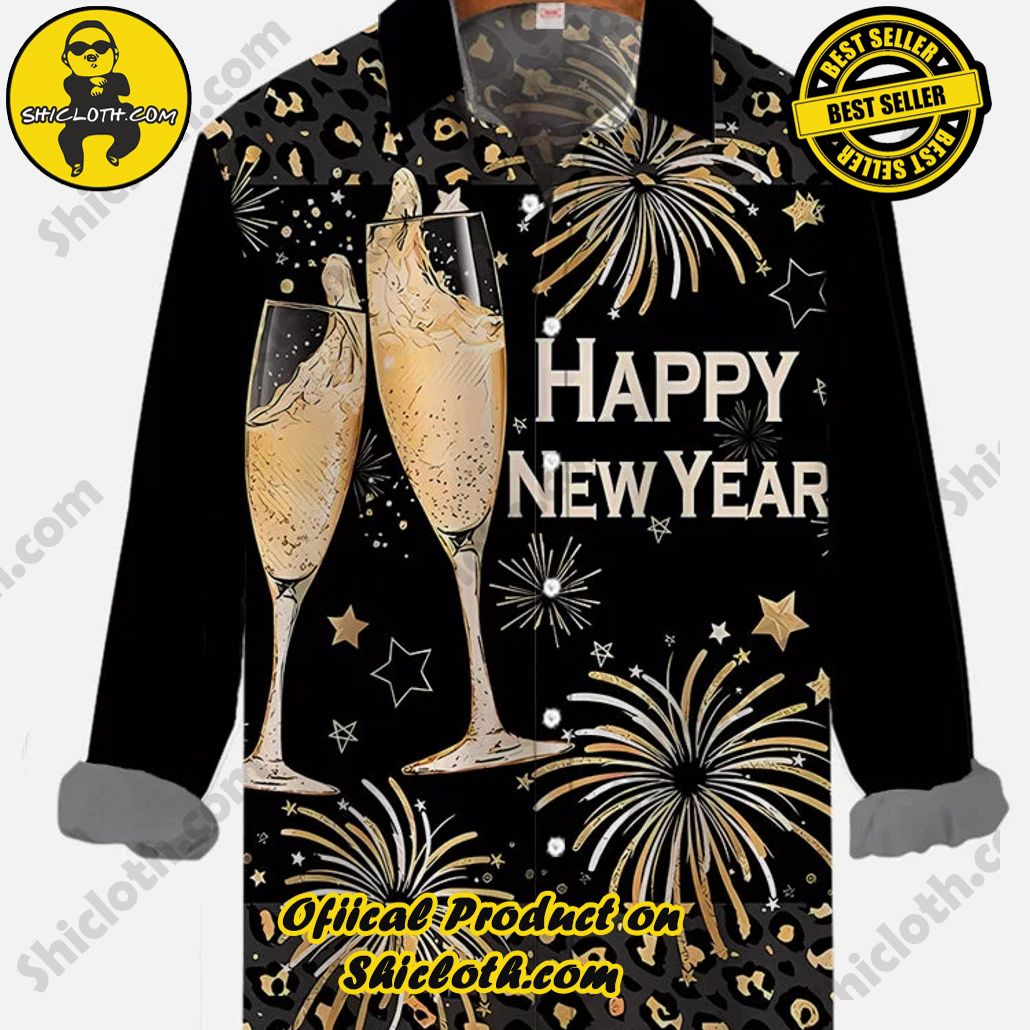 Gold Fireworks Stars And Cheers Champagne Glasses Happy New Year Printing Long Sleeve Shirt