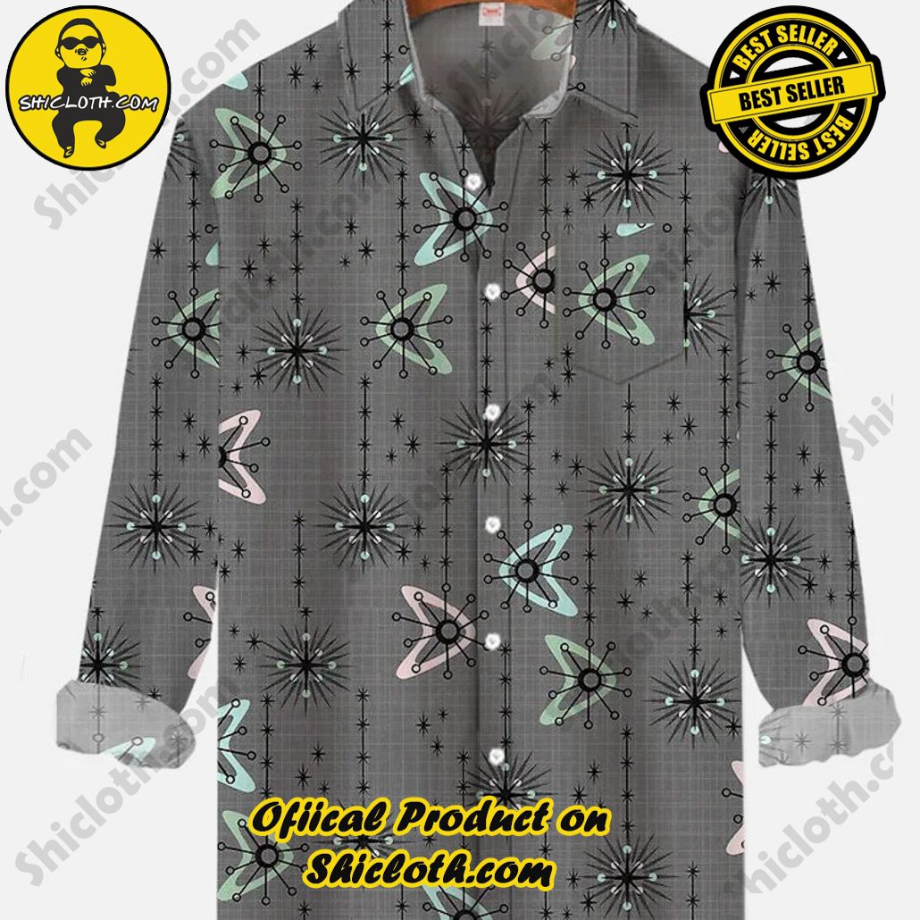 Gray Medieval Atomic Retro Style Geometry Pattern Printing Breast Pocket Long Sleeve Shirt