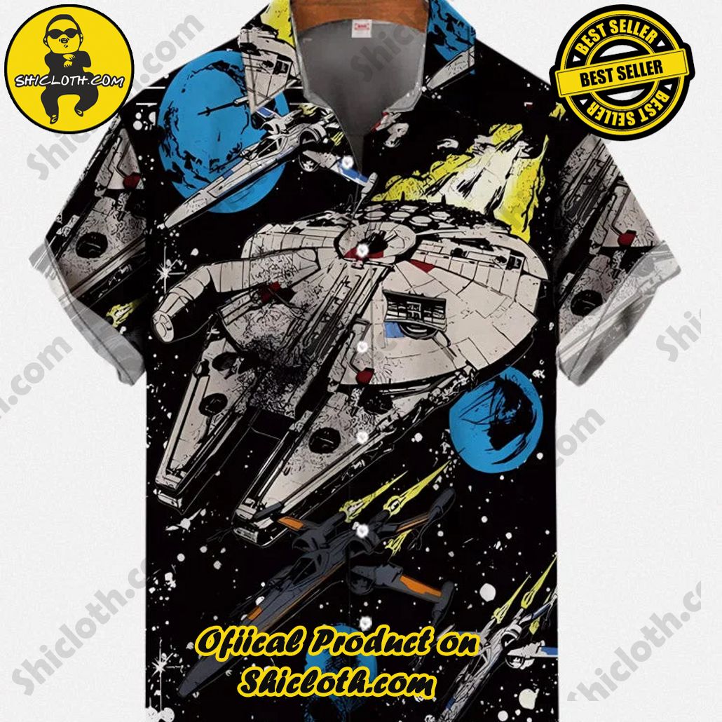 Hand Drawn Space War Spaceship And Flashing Star In Darkness Printing Short Sleeve Shirt