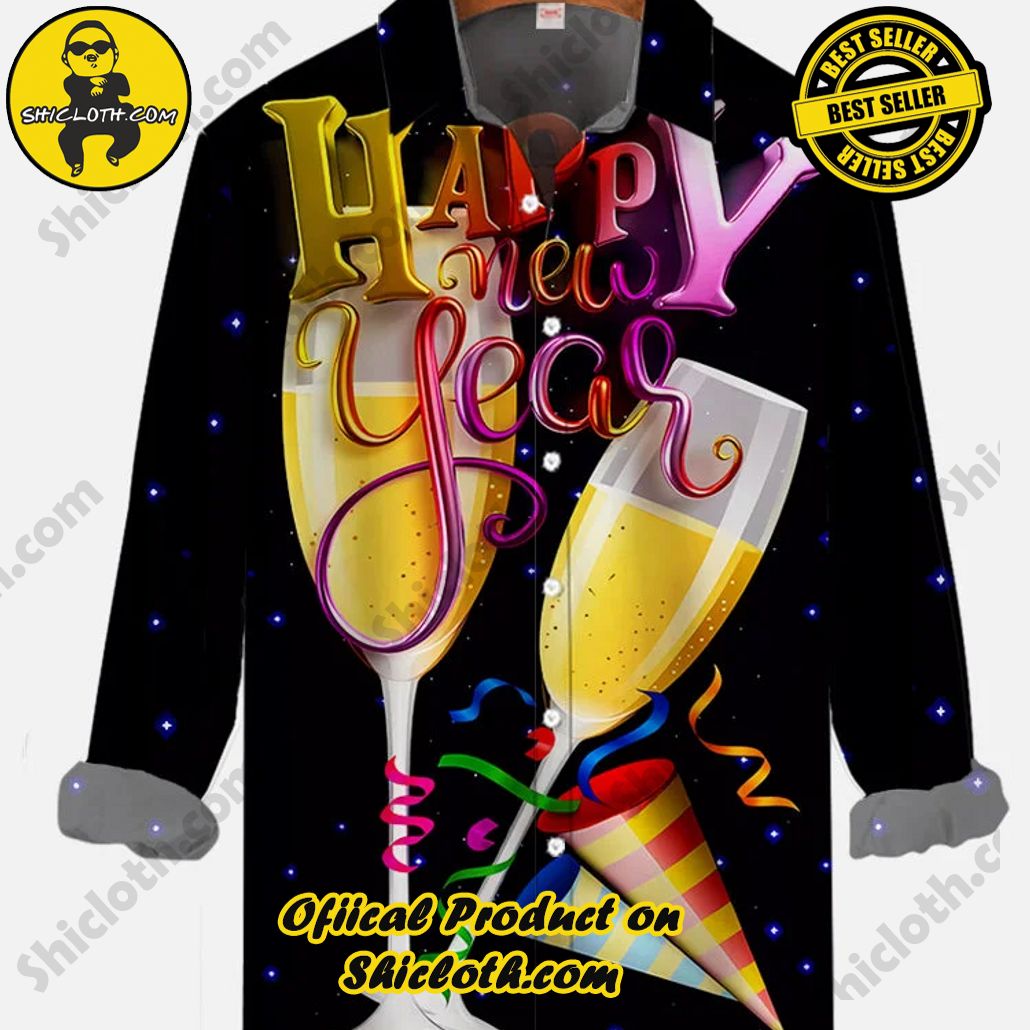 Happy New Year! Champagne Glasses Cheers And Gun Salutes Printing Long Sleeve Shirt