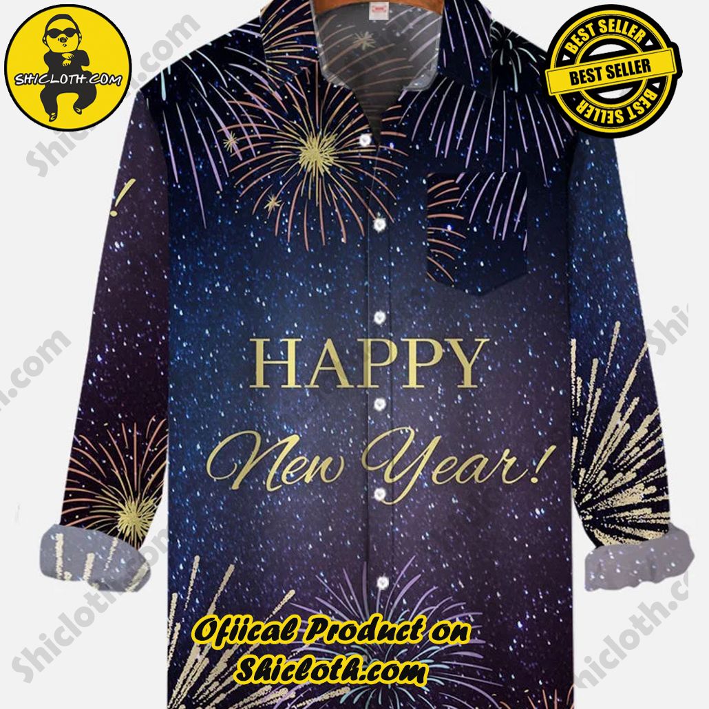 Happy New Year Purple Night Sky Sparkling Stars And Fireworks Printing Breast Pocket Long Sleeve Shirt