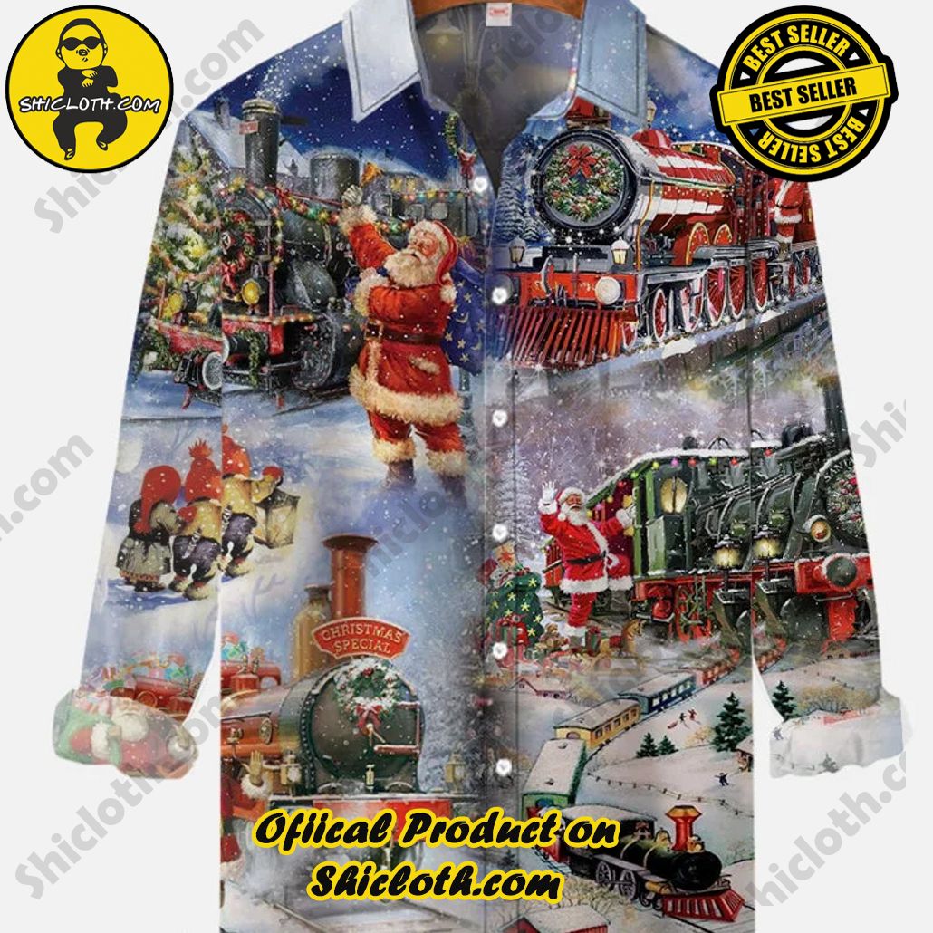 Merry Christmas! Gorgeous Vintage Santa And Steam Train Printing Long Sleeve Shirt