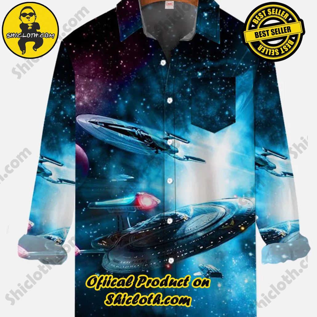 Mysterious Galaxy With Shining Stars And Spaceships Printing Breast Pocket Long Sleeve Shirt
