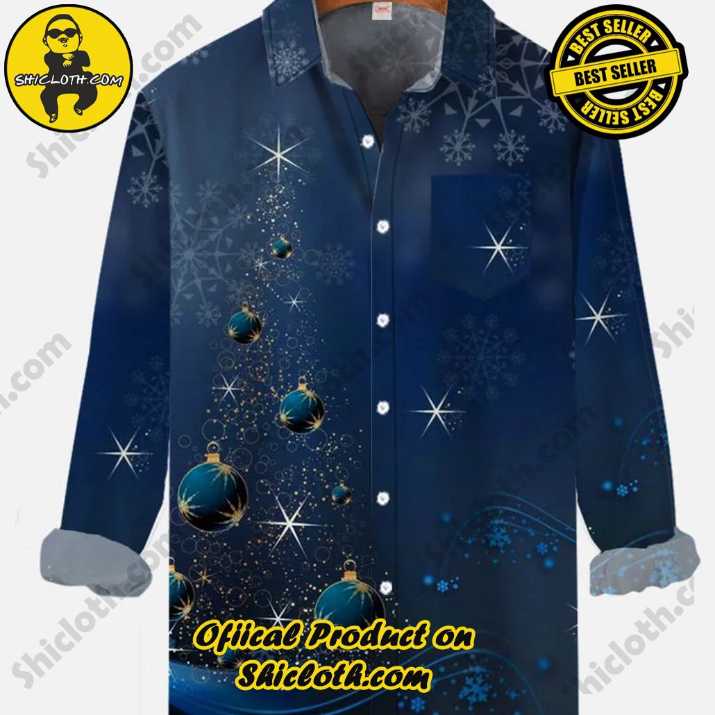 Navy Merry Christmas Snowflake Sparkling Star Decorative Ball Christmas Tree Printing Breast Pocket Long Sleeve Shirt