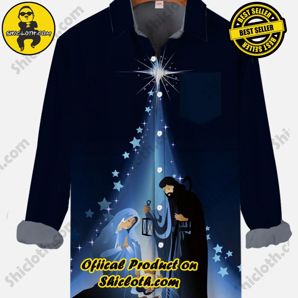 Navy Shining Star And The Birth Of Jesus Printing Breast Pocket Long Sleeve Shirt