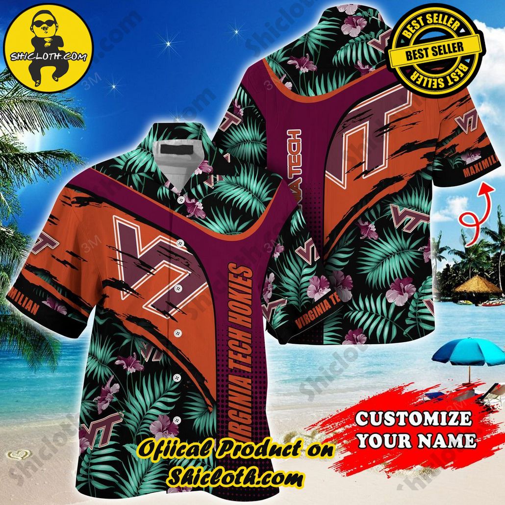 NCAA Virginia Tech Hokies Custom Name Green Orange Trendy Hawaiian Shirt Aloha Shirt