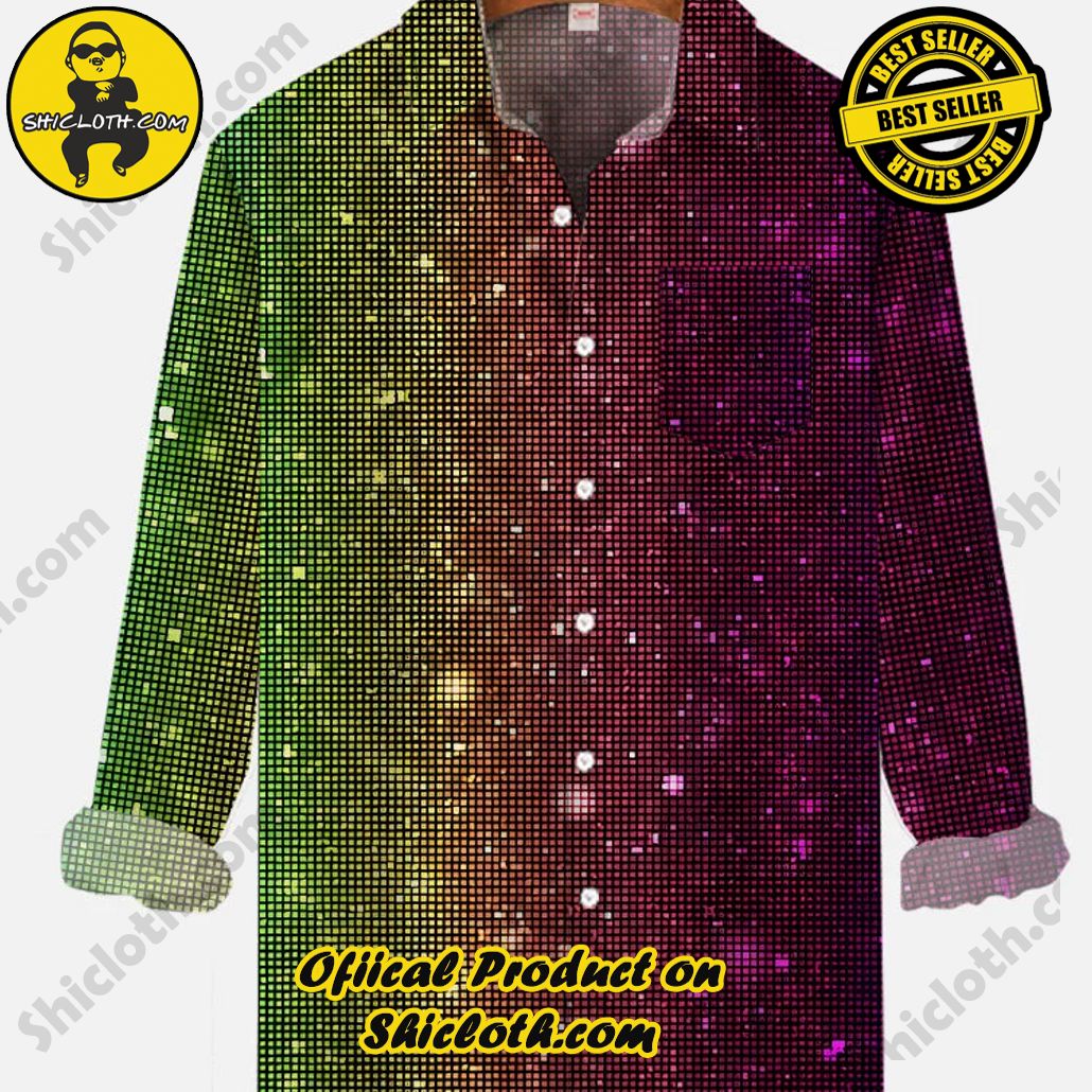 Retro 70s Disco Colorful Gradient Mosaic Glitter Printing Breast Pocket Long Sleeve Shirt