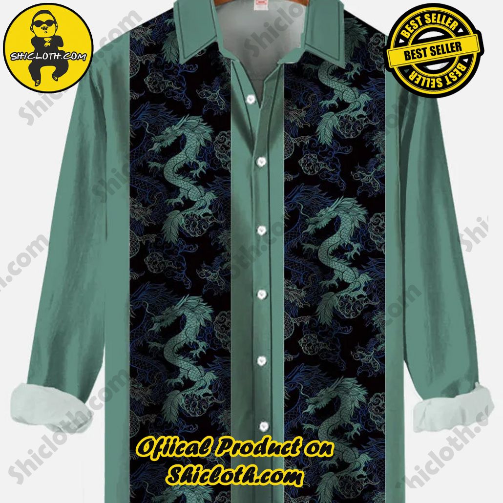 Retro Black And Green Stitching Ukiyoe Dragon Printing Long Sleeve Shirt