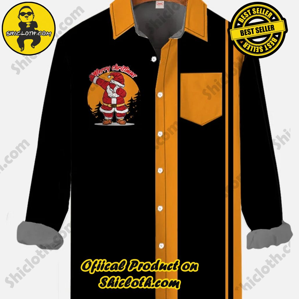 Retro Black And Orange Stitching Dabbing Santa Printing Breast Pocket Long Sleeve Shirt