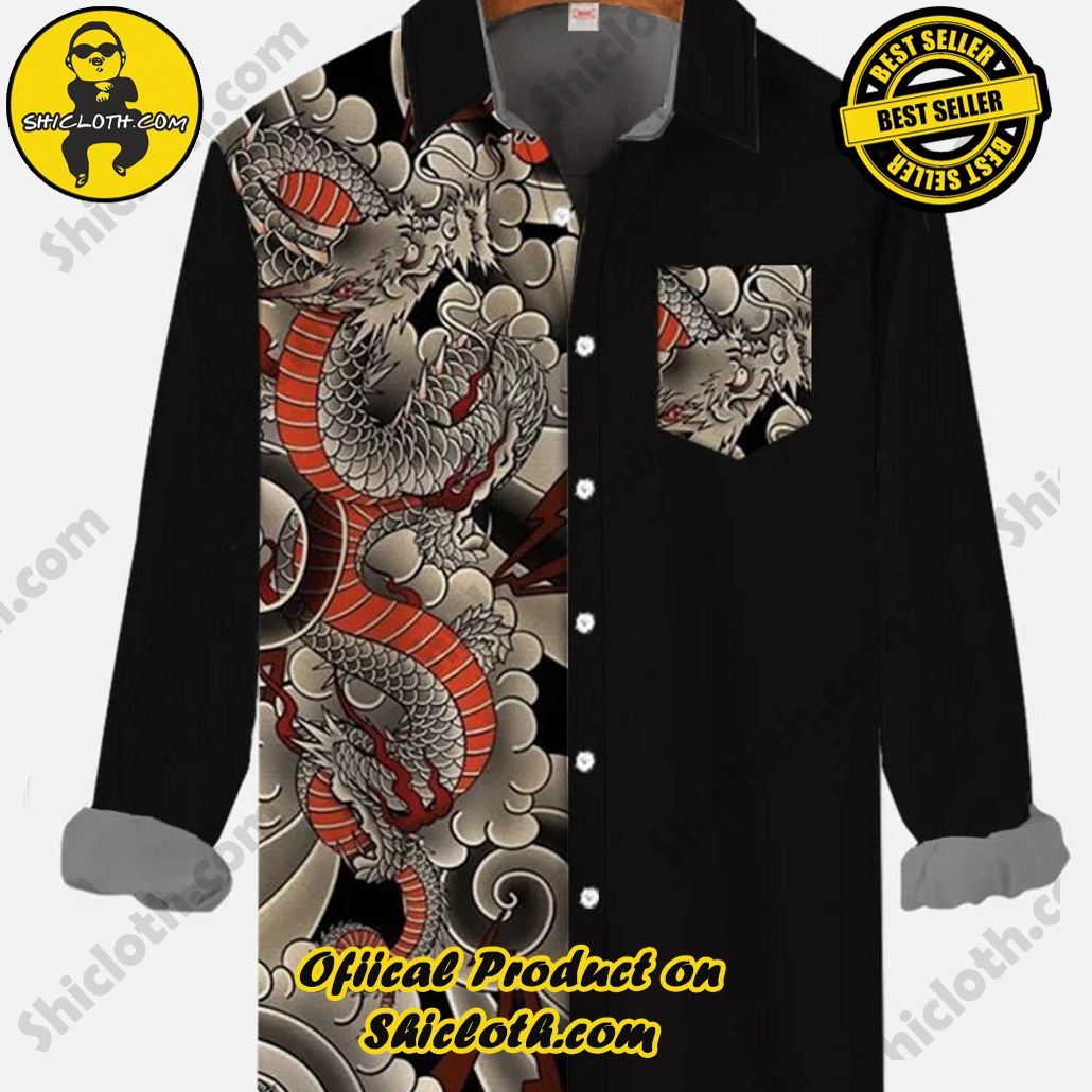 Retro Black And Ukiyoe Dragon Stitching Printing Breast Pocket Long Sleeve Shirt