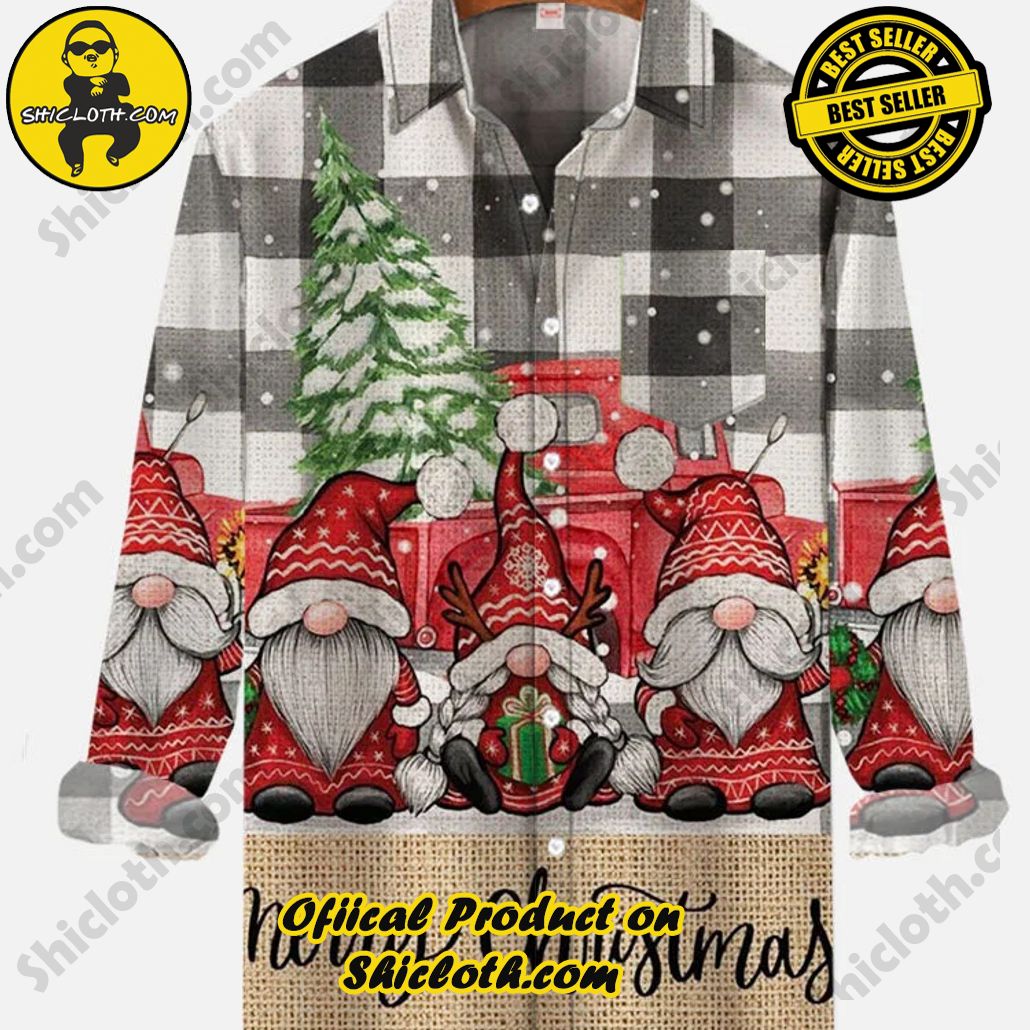 Retro Black And White Plaid Cartoon Christmas Gnomes Printing Breast Pocket Long Sleeve Shirt