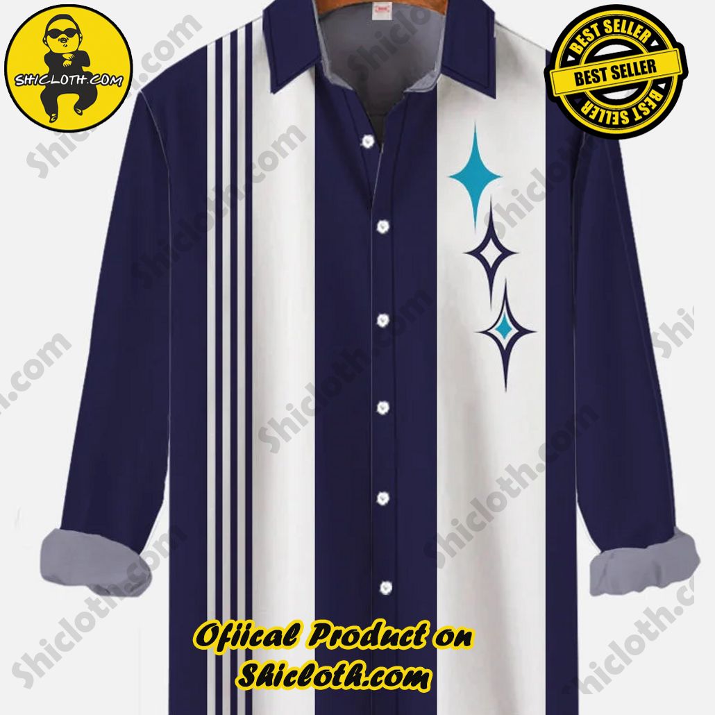 Retro Blue Contrast Color Stripes And Star Sparkle Printing Long Sleeve Shirt