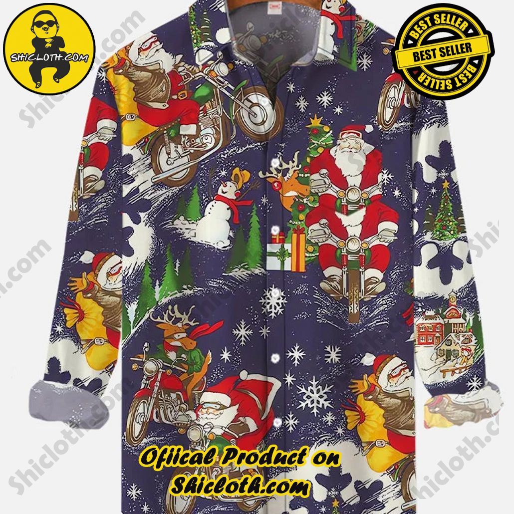 Retro Cartoon Christmas Santa Claus And Reindeer Rider Printing Breast Pocket Long Sleeve Shirt