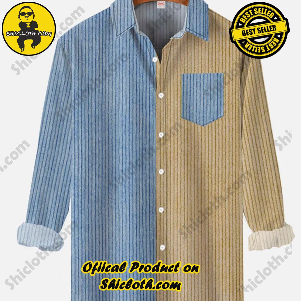 Retro Color Contrast Stitching Pinstripe Printing Long Sleeve Shirt