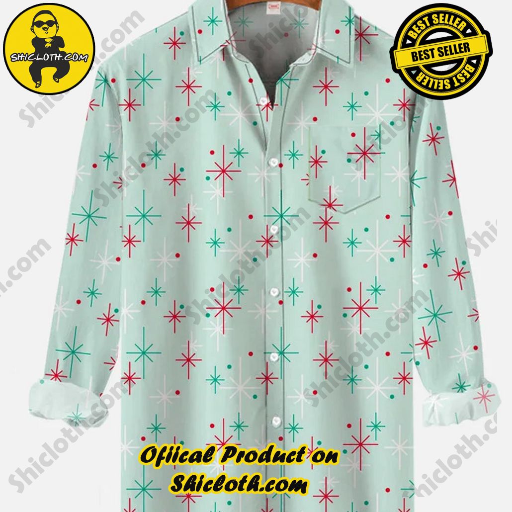 Retro Cyan Abstract Mid Century Modern Starburst Pattern Printing Breast Pocket Long Sleeve Shirt