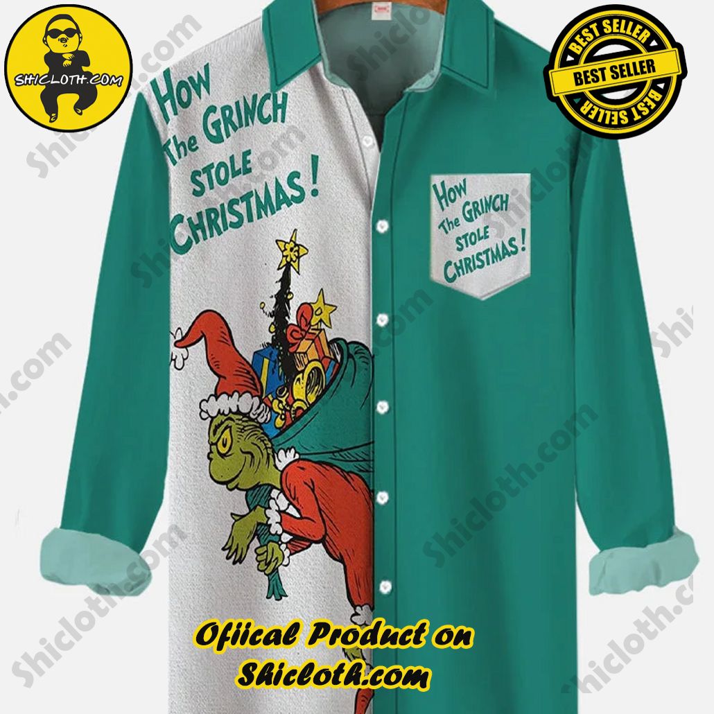 Retro Cyan And White Stitching Christmas Stolen Hairy Monster Printing Breast Pocket Long Sleeve Shirt