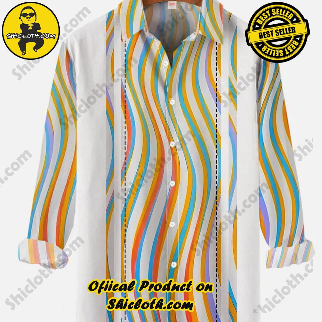 Retro Dazzling Colorful Wavy Stripes Stitching Printing Long Sleeve Shirt