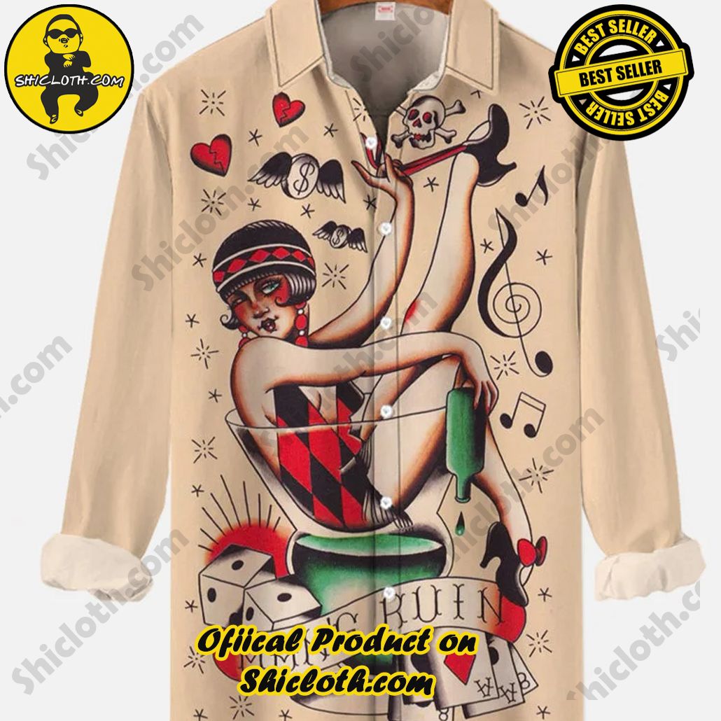 Retro Gambling Tattooed Beauty And Beer Glass Printing Long Sleeve Shirt