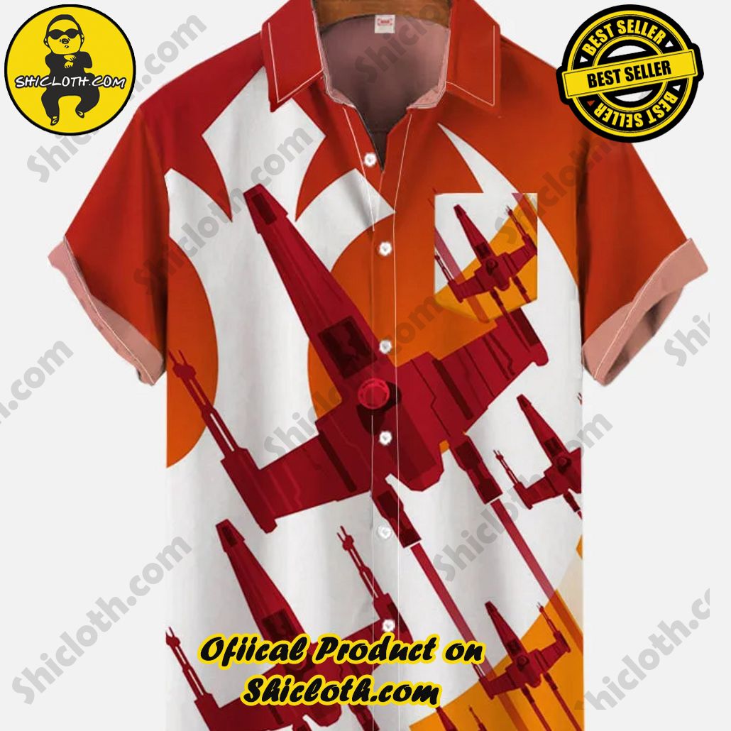 Retro Gradient Orange Poster Sci-Fi Interstellar Travel Spaceships Printing Breast Pocket Short Sleeve Shirt