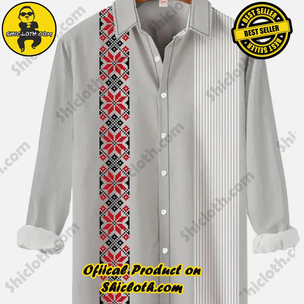 Retro Gray Ethnic Patchwork Stripe Printing Long Sleeve Shirt