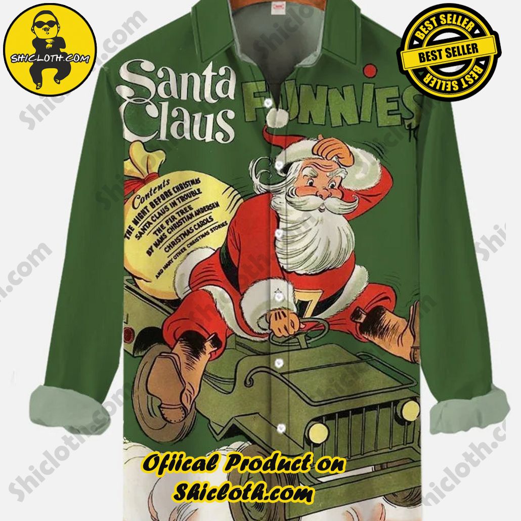 Retro Green Adventure Pickup Truck With Santa Claus And Gift Bag Printing Long Sleeve Shirt
