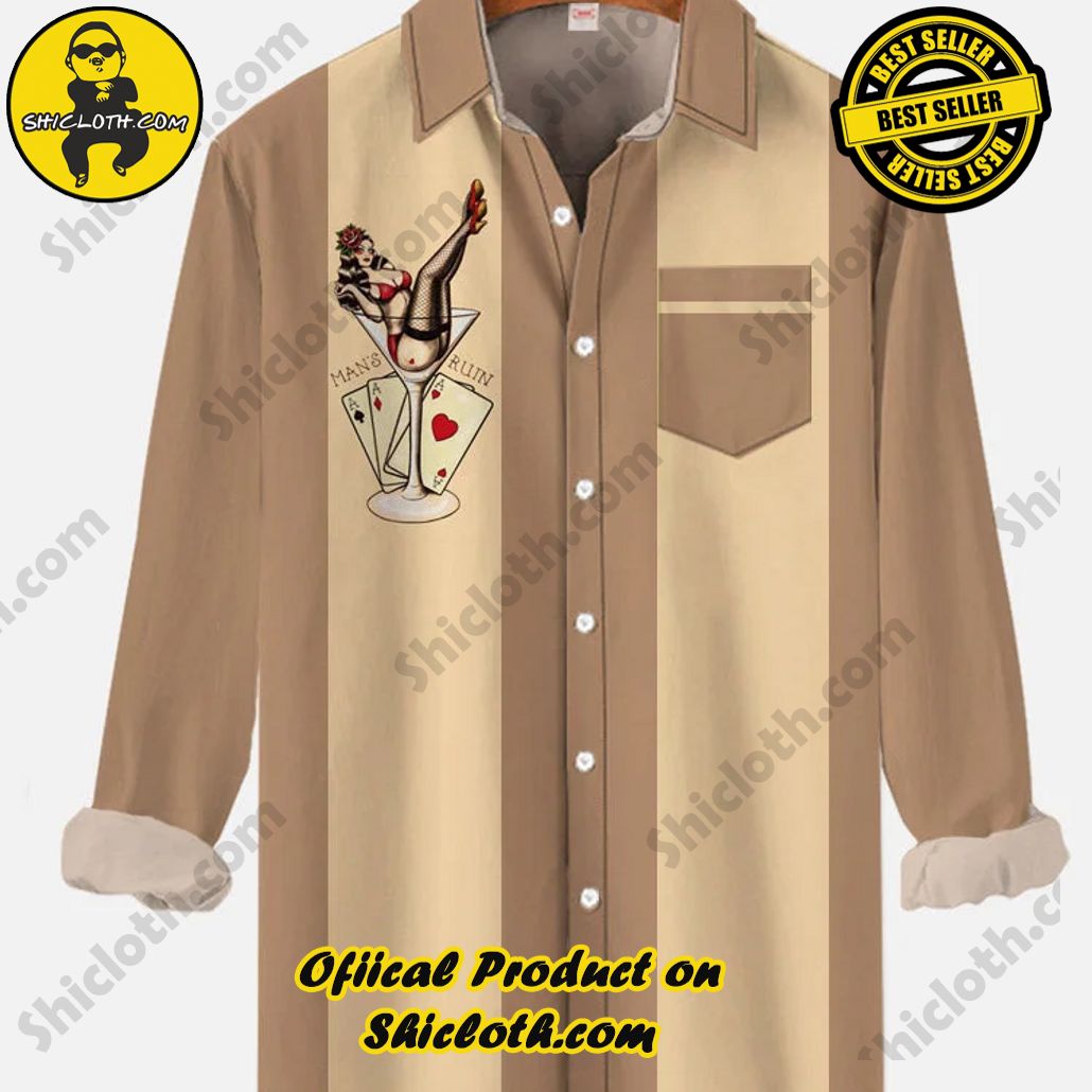 Retro Khaki Striped And Sexy Girl With Champagne Glass Printing Breast Pocket Long Sleeve Shirt