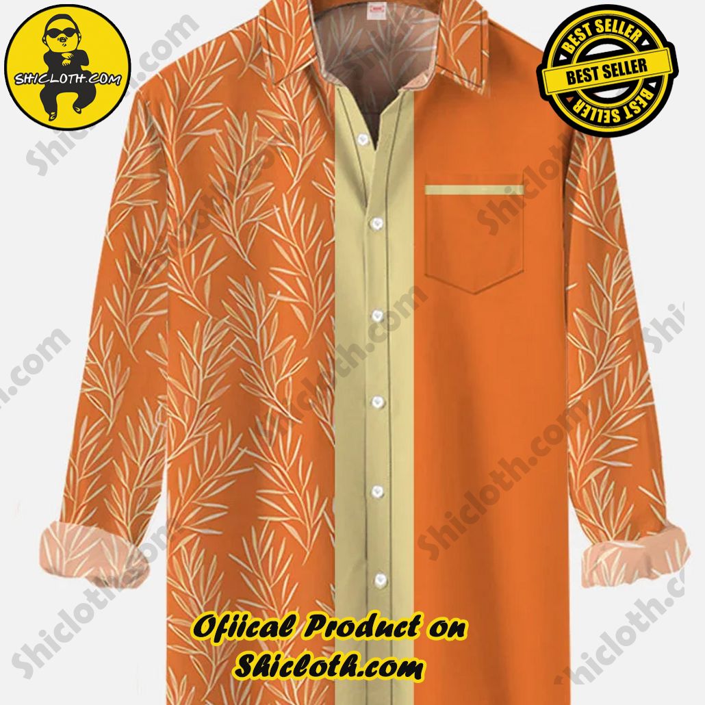 Retro Orange Contrast Color Leaves Printing Long Sleeve Shirt