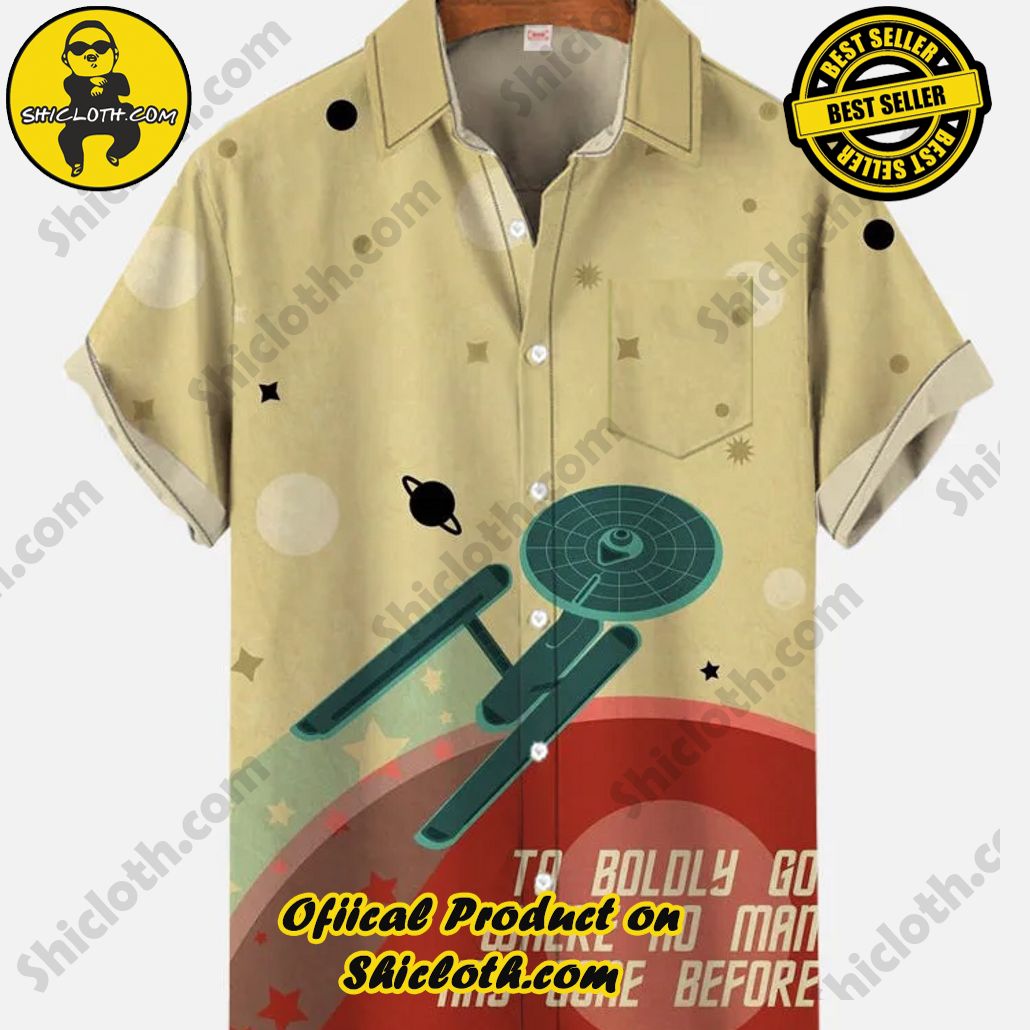 Retro Poster Abstract Geometric Spaceship Printing Breast Pocket Short Sleeve Shirt
