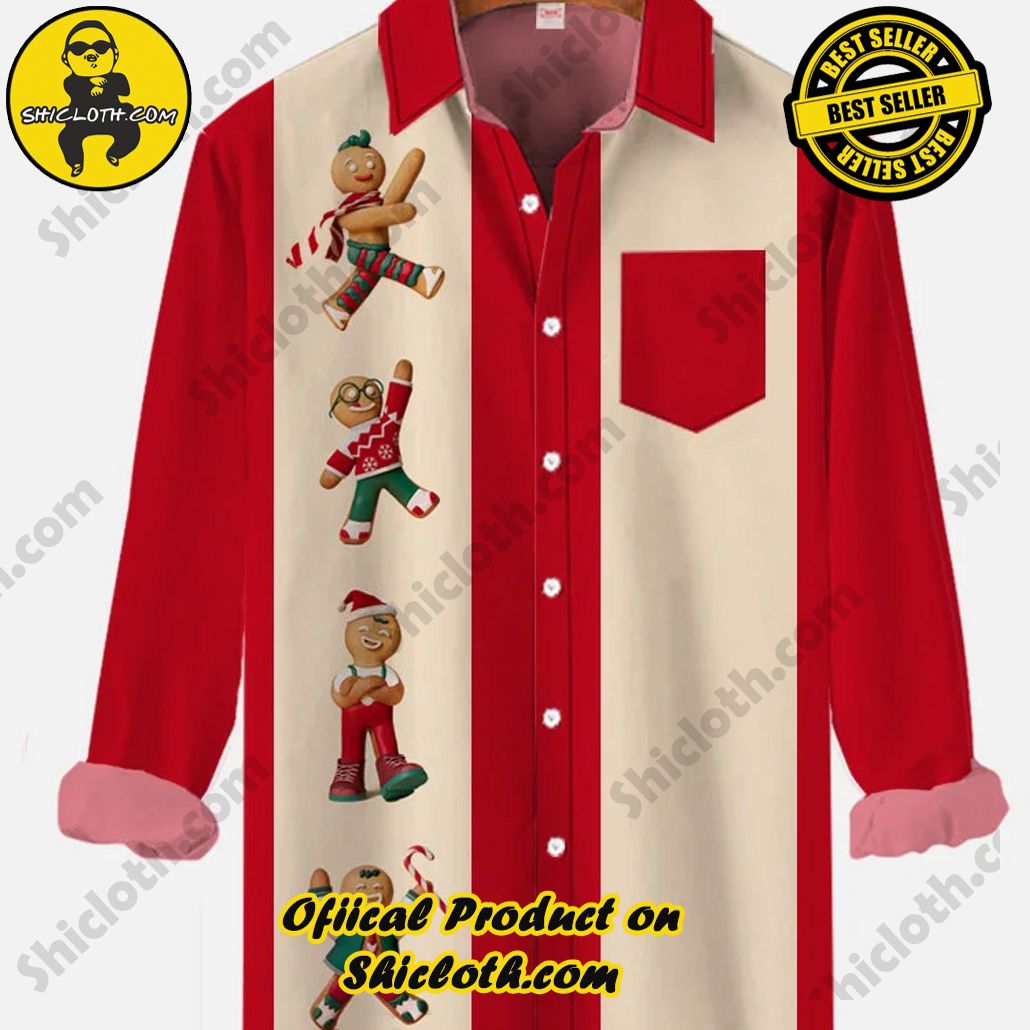 Retro Red And Wheat Stitching Christmas Doll Cookies Printing Breast Pocket Long Sleeve Shirt