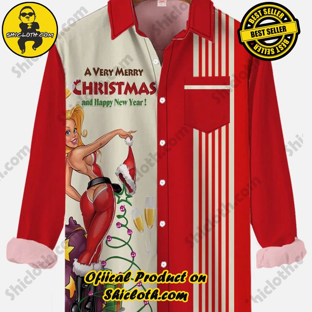 Retro Red And Wheat Stitching Christmas Santa Girl Printing Breast Pocket Long Sleeve Shirt