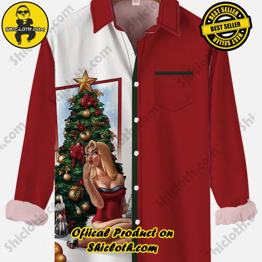 Retro Red And White Stitching Christmas Tree And Santa Girl Printing Breast Pocket Long Sleeve Shirt