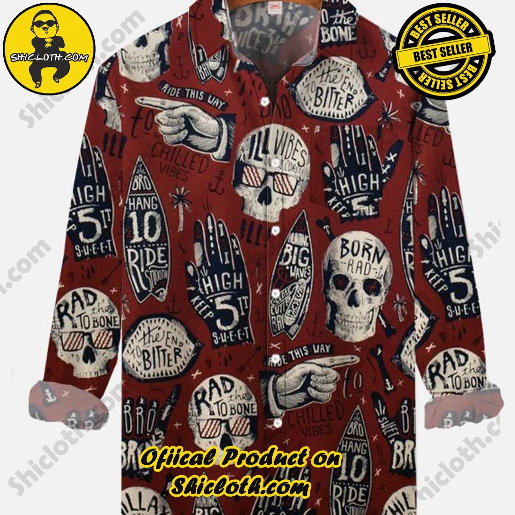 Retro Red High Fives Halloween Skull Hand Printing Long Sleeve Shirt