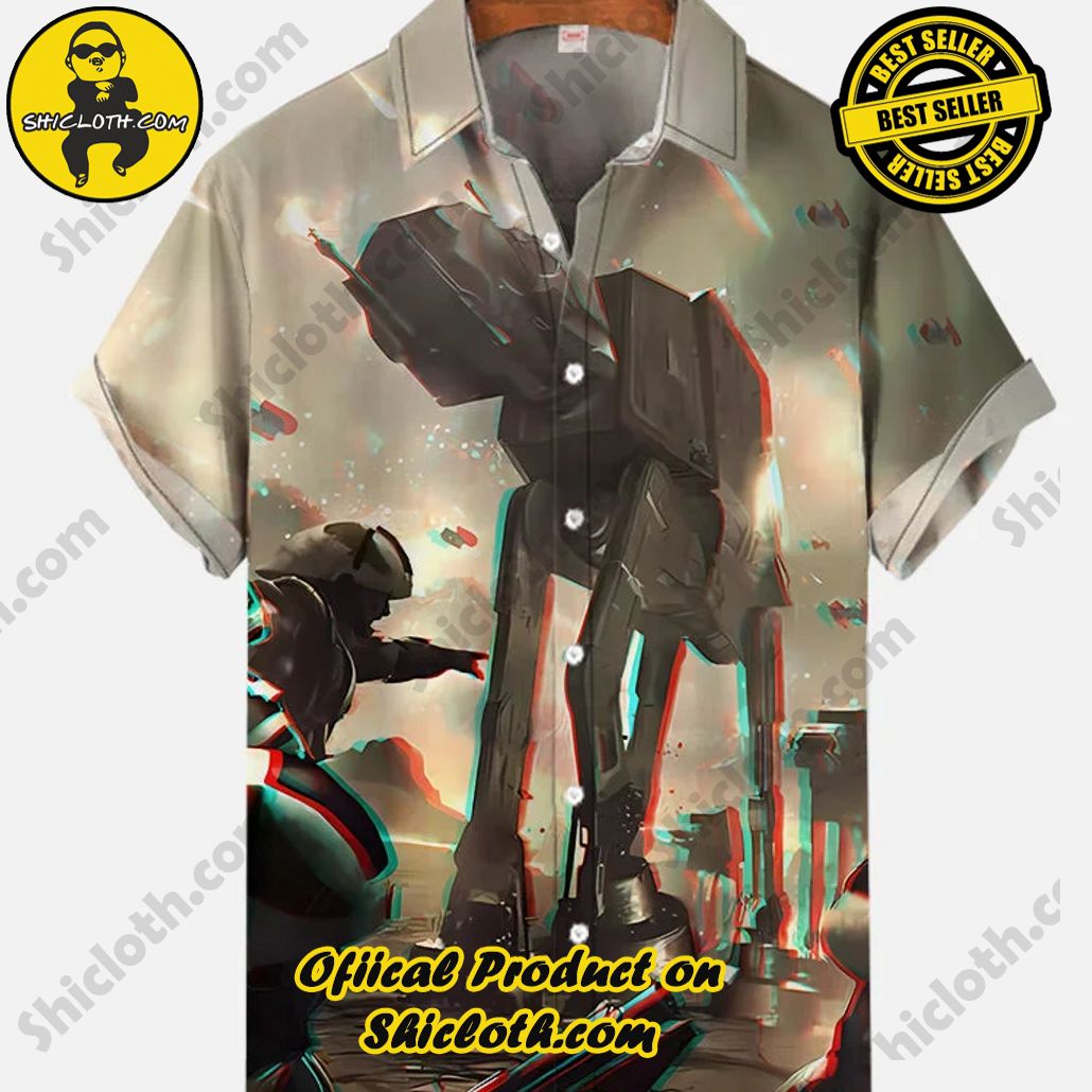 Sci-Fi Space Battle Retro Giant Armed Walker Battlefield Printing Short Sleeve Shirt